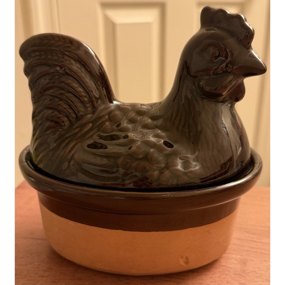 Vintage Hen on Nest Terra Cotta Baking Dish Oven/Microwave Brown Drip‎ Glaze